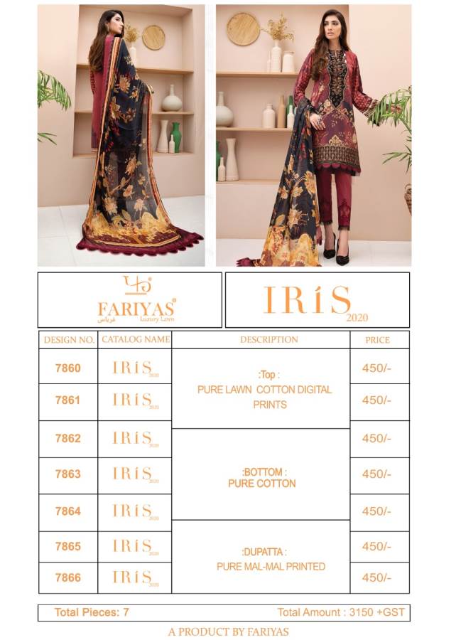 Fariyas Iris 2020 Latest Designer Pure Lawn Cotton Printed Karachi Dress Material Collection 